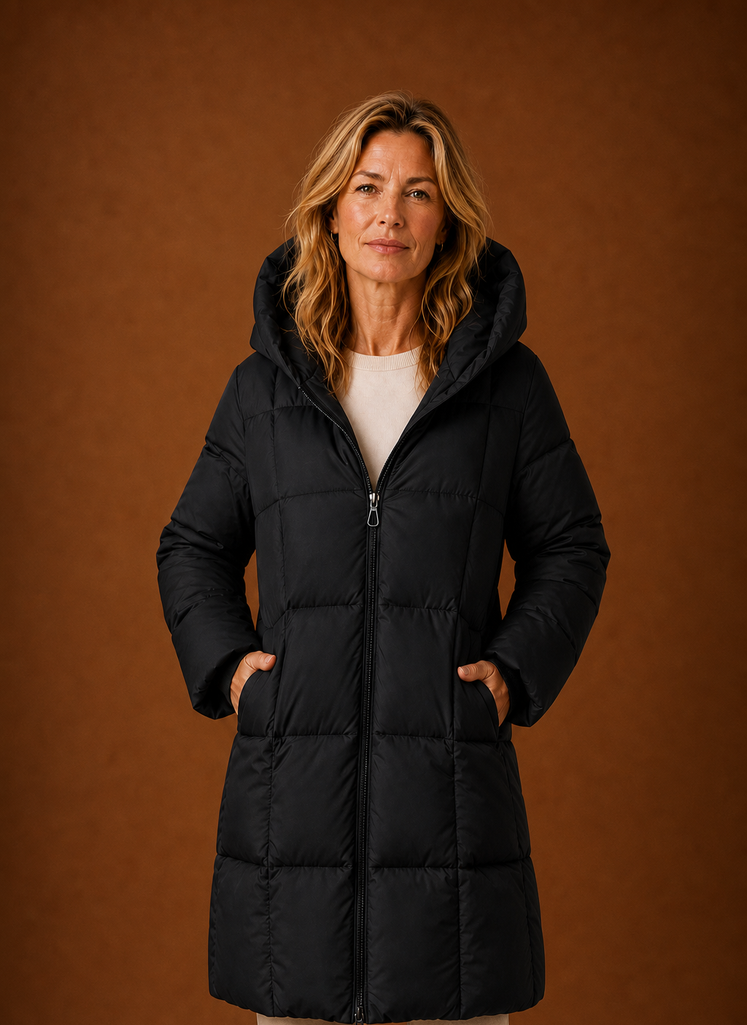 Women's Long Hooded Quilted Winter Jacket | Vittoria in Chocolate Brown - Juana Fashion