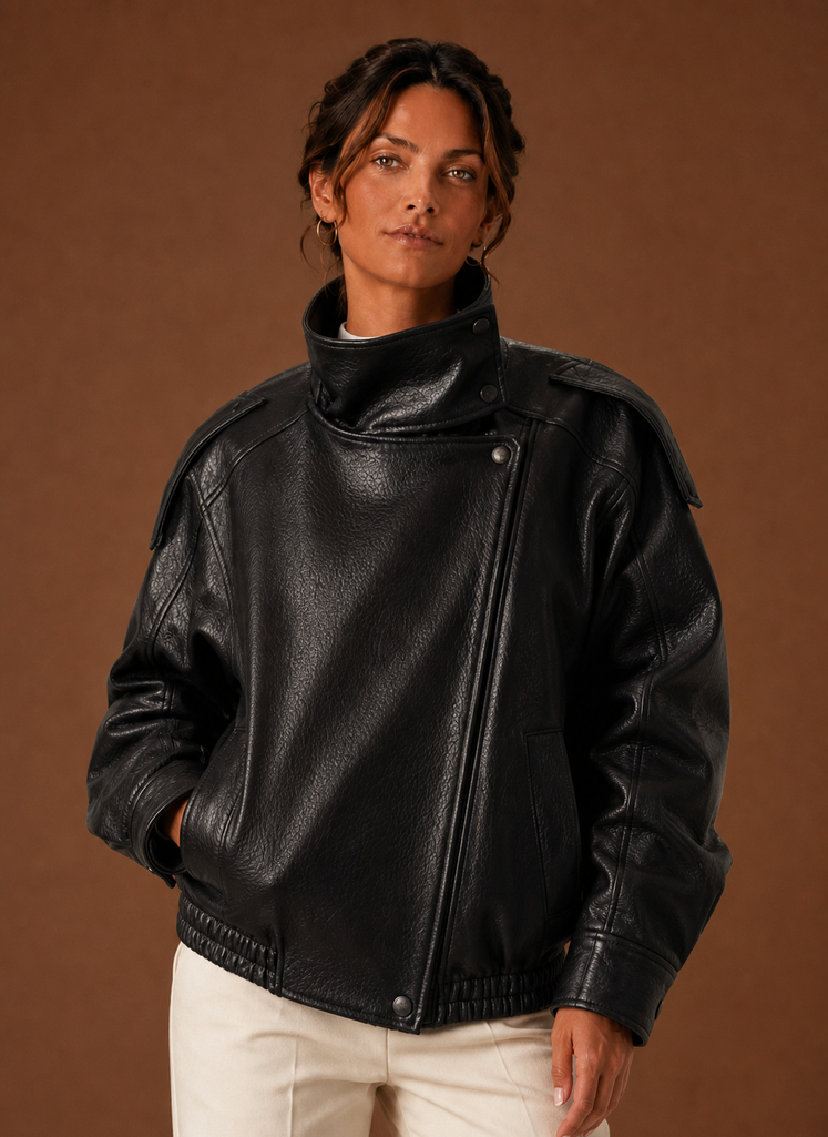 Women's Relaxed High-Collar Jacket | Adela in Black - Juana Fashion