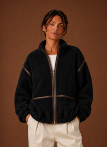 Women's Sherpa Fleece Zip-Up Jacket | Isabella in Black - Juana Fashion