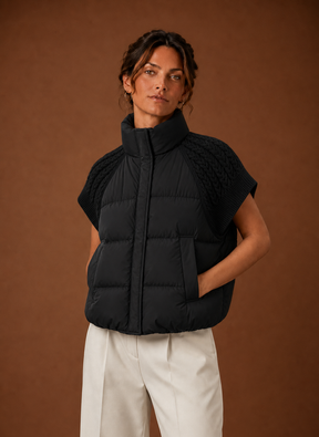 Women's Quilted Vest with Knit Shoulder Panels | Laura in Black - Juana Fashion