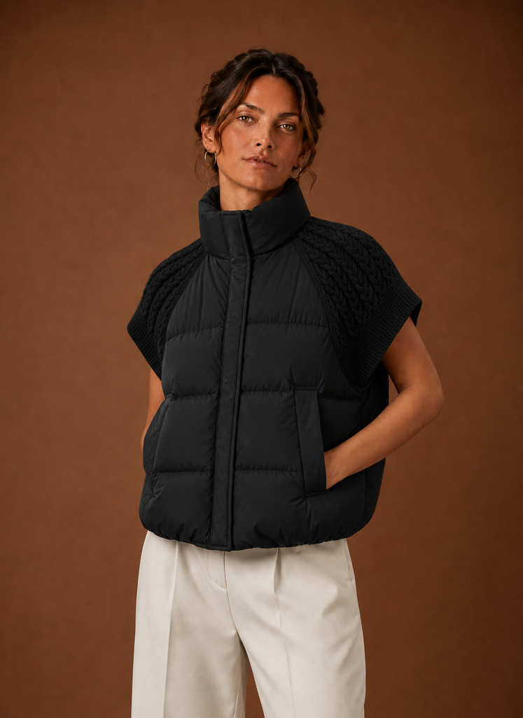 Women's Quilted Vest with Knit Shoulder Panels | Laura in Black - Juana Fashion