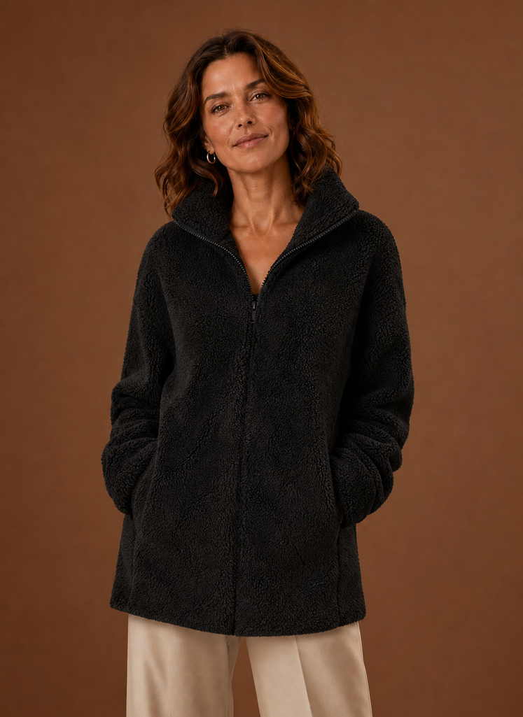 Women's Sherpa Fleece Zip-Up Winter Jacket | Marina in Black - Juana Fashion