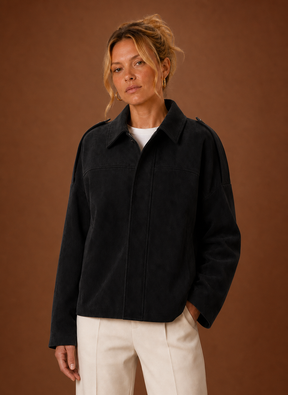 Women's Oversized Suede-Look Jacket | Flora in Olive - Juana Fashion