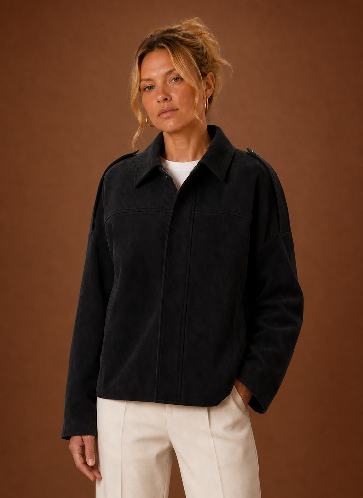 Women's Oversized Suede-Look Jacket | Flora in Olive - Juana Fashion