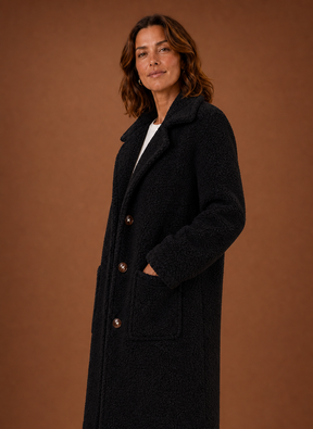 Women's Long Double-Breasted Teddy Winter Coat | Lucrezia in Black - Juana Fashion