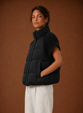Women's Quilted Vest with Knit Shoulder Panels | Laura in Black - Juana Fashion