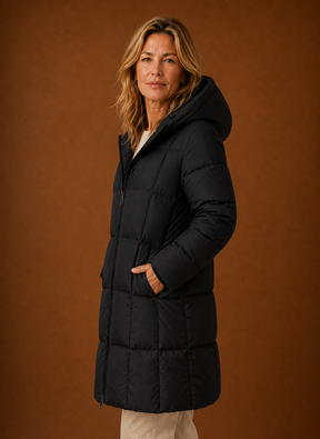 Women's Long Hooded Quilted Winter Jacket | Vittoria in Chocolate Brown - Juana Fashion