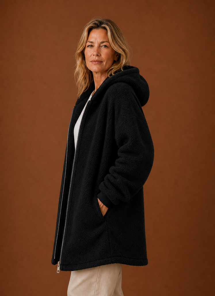 Women's Long Hooded Fleece Winter Jacket | Martina in Black - Juana Fashion