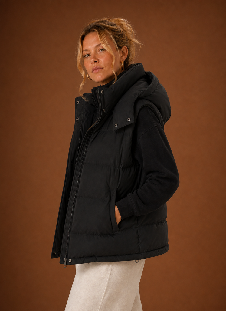 Women's Oversized Hooded Quilted Vest | Paola in Black - Juana Fashion