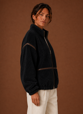 Women's Sherpa Fleece Zip-Up Jacket | Isabella in Black - Juana Fashion