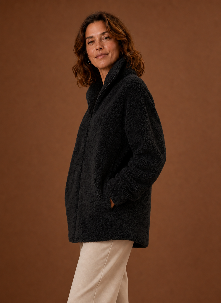 Women's Sherpa Fleece Zip-Up Winter Jacket | Marina in Black - Juana Fashion