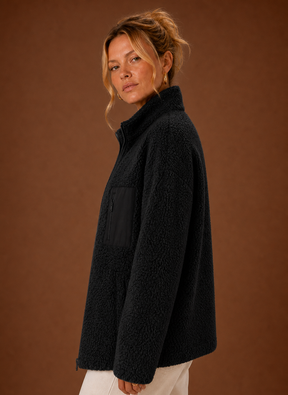 Women's Sherpa Zip-Up Jacket | Natalia in Black - Juana Fashion