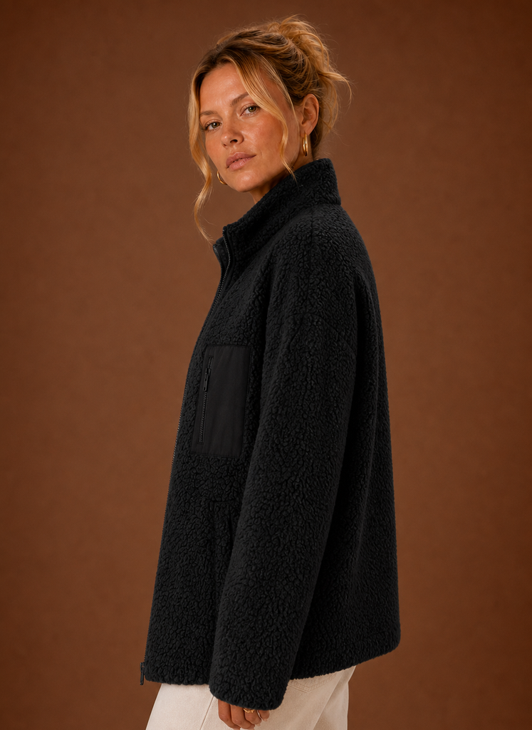 Women's Sherpa Zip-Up Jacket | Natalia in Black - Juana Fashion