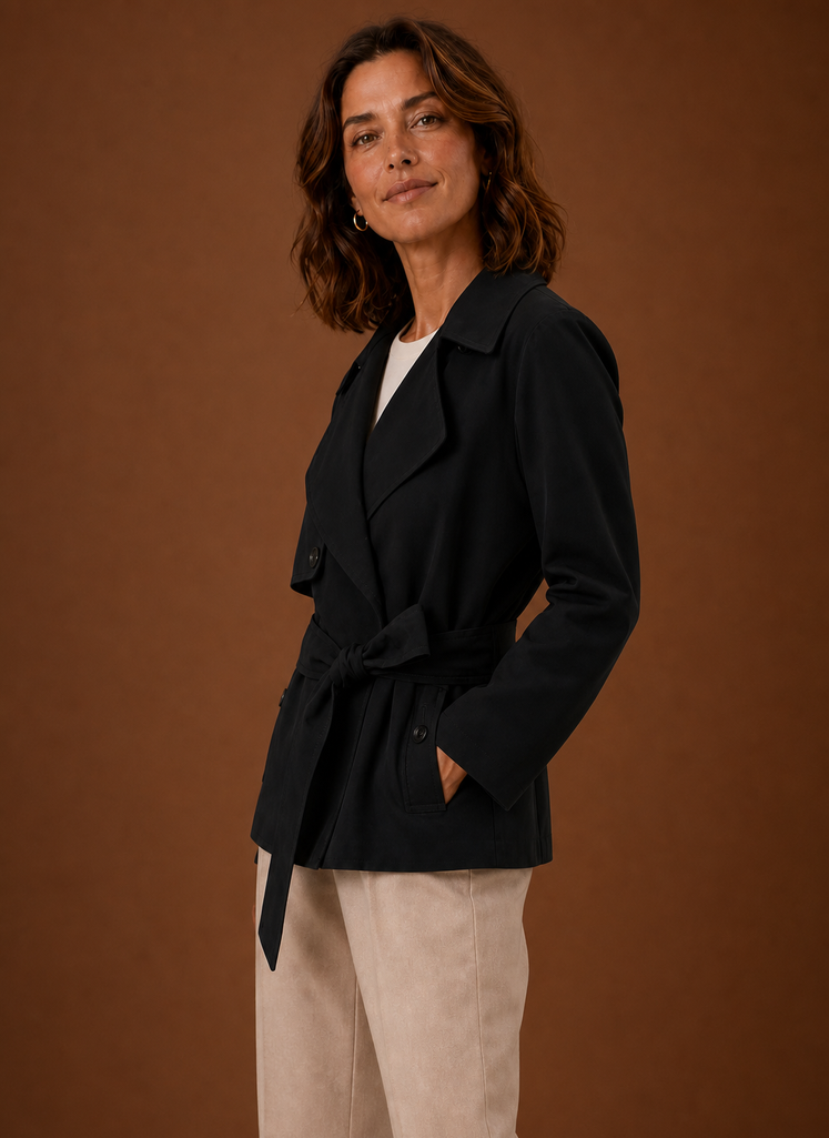 Women's Short Belted Trench Coat | Giulia in Black - Juana Fashion