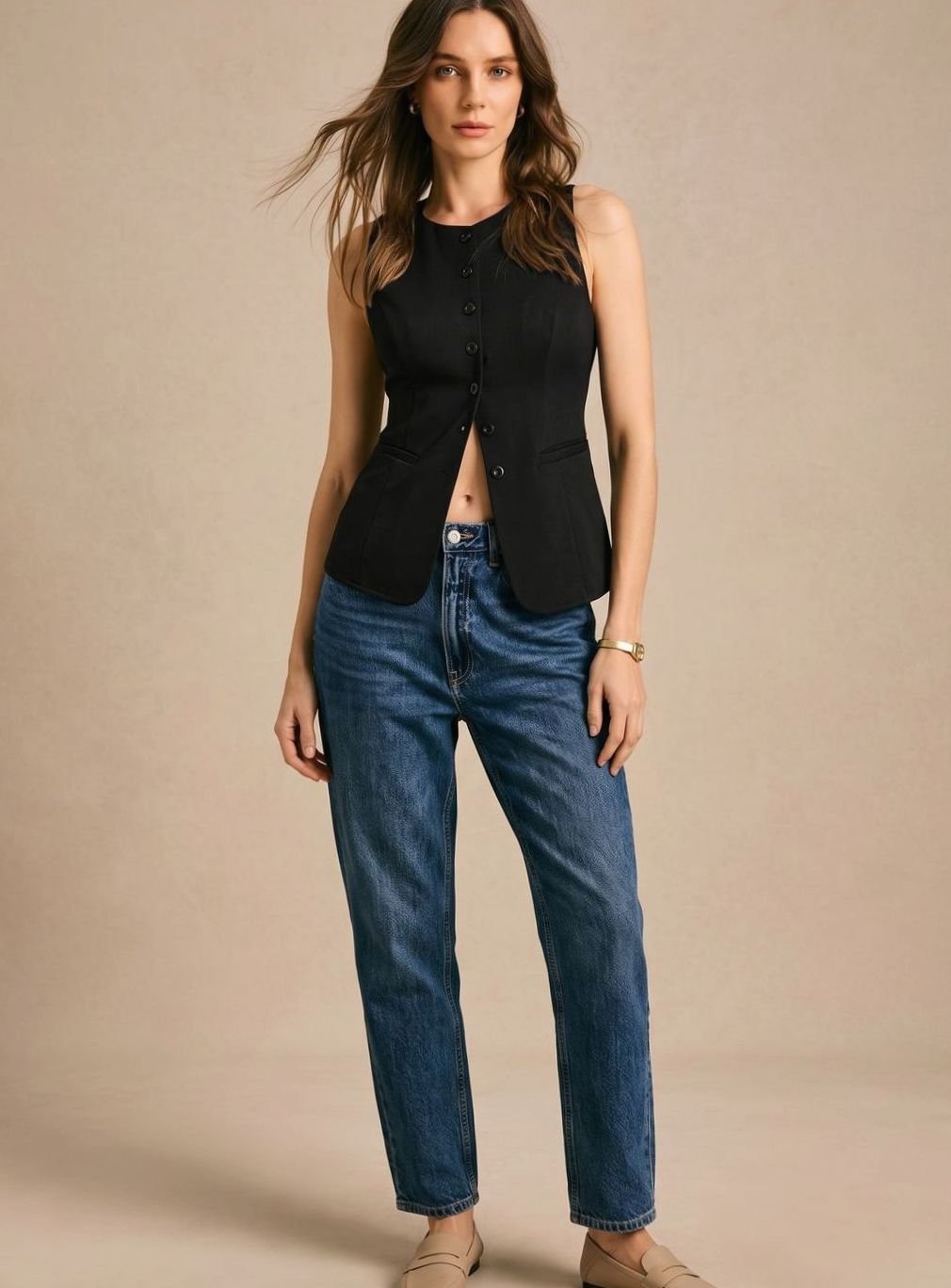 Women's Tailored Button-Front Vest | Clara in Coffee - Juana Fashion