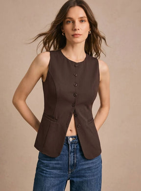 Women's Tailored Button-Front Vest | Clara in Coffee - Juana Fashion