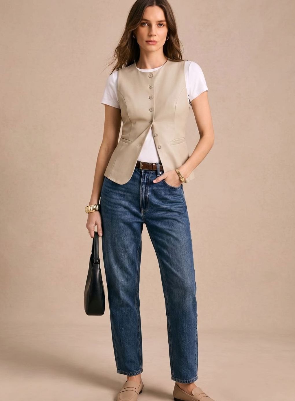 Women's Tailored Button-Front Vest | Clara in Coffee - Juana Fashion