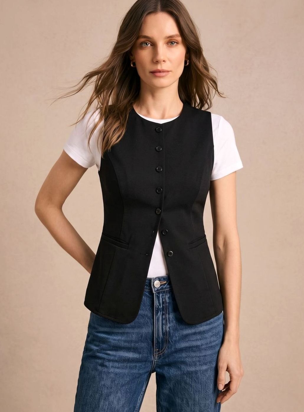 Women's Tailored Button-Front Vest | Clara in Coffee - Juana Fashion