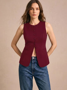 Women's Tailored Button-Front Vest | Clara in Khaki - Juana Fashion