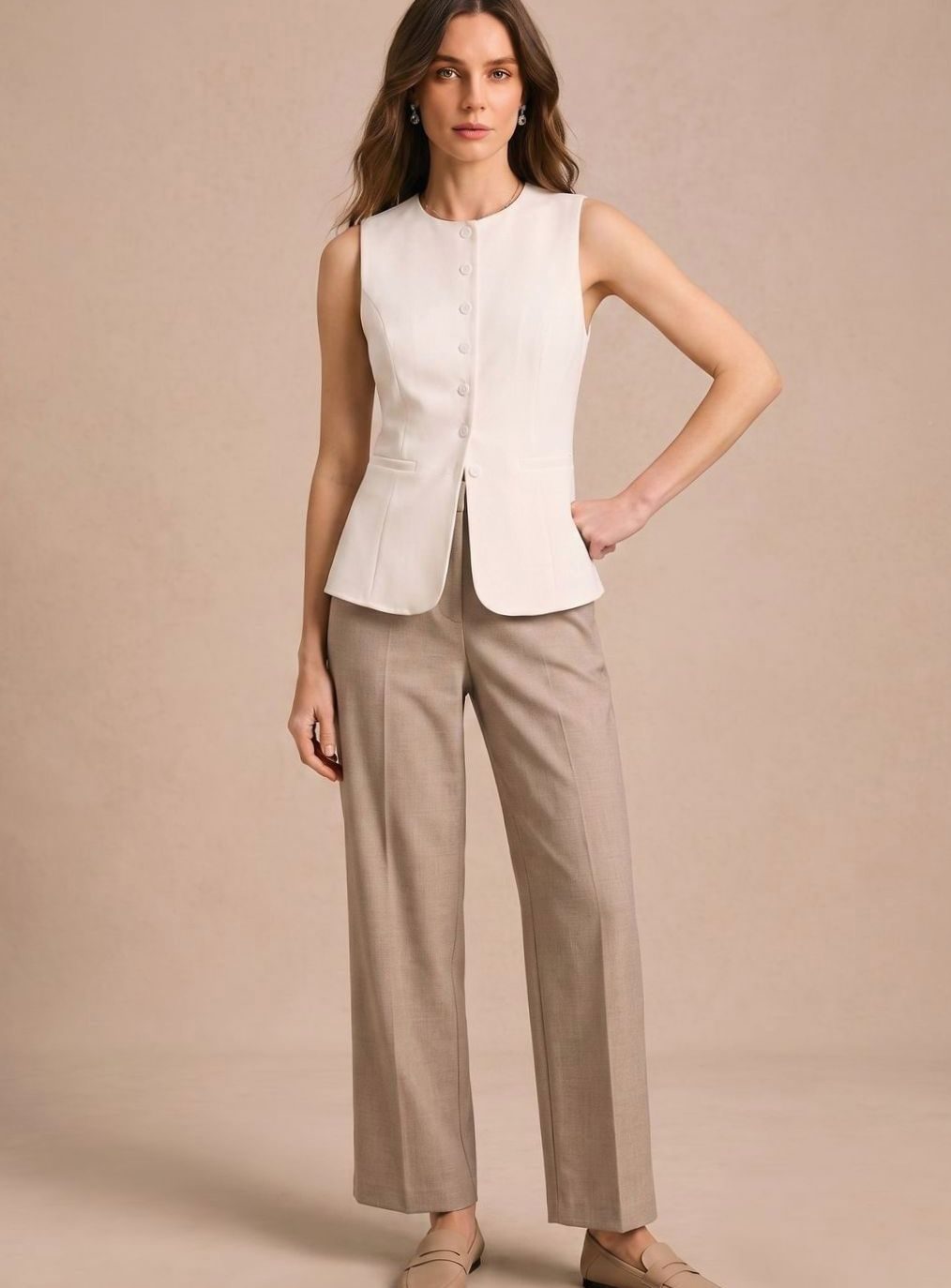 Women's Tailored Button-Front Vest | Clara in Khaki - Juana Fashion