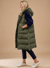 Women's Long Hooded Quilted Vest | Elfriede in Army Green - Juana Fashion
