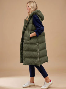 Women's Long Hooded Quilted Vest | Elfriede in Army Green - Juana Fashion