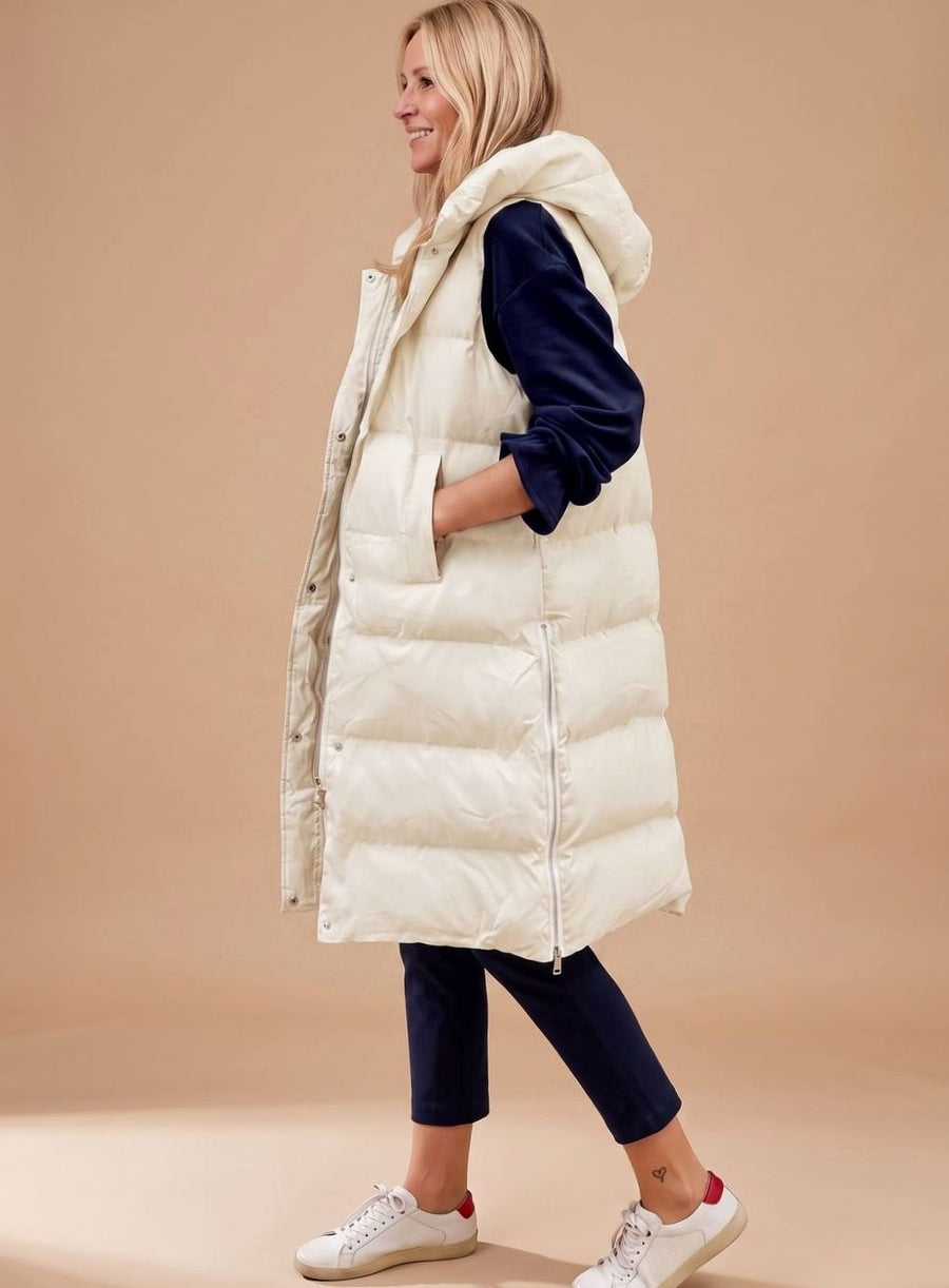 Women's Long Hooded Quilted Vest | Elfriede in Army Green - Juana Fashion