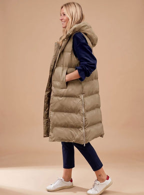 Women's Long Hooded Quilted Vest | Elfriede in Army Green - Juana Fashion