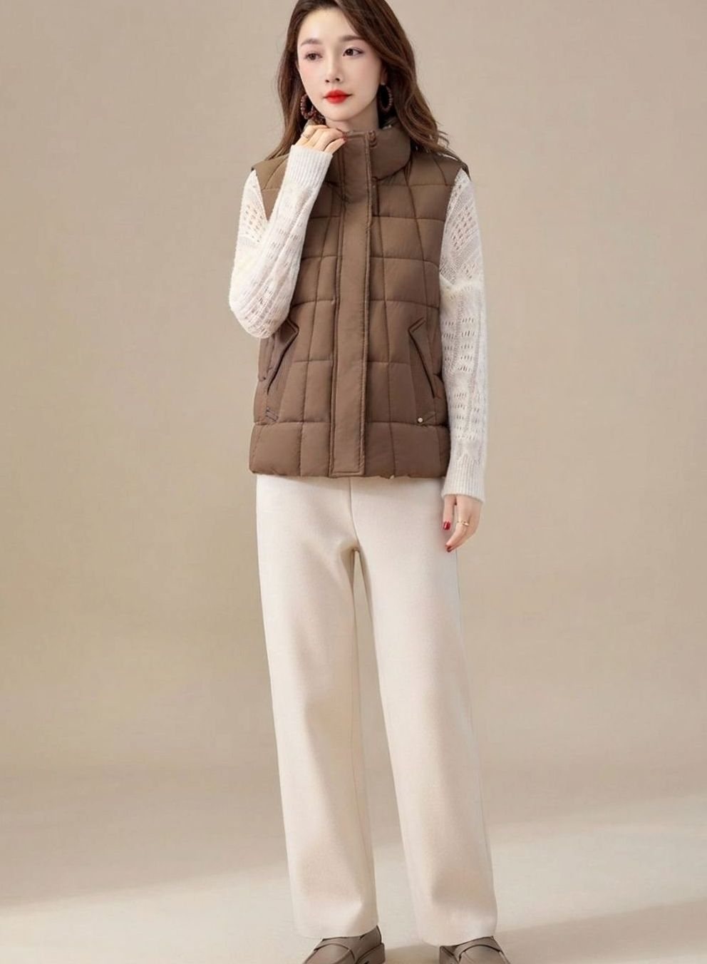 Women's High-Collar Quilted Vest | Marlene in Cream White - Juana Fashion