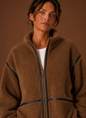 Women's Sherpa Fleece Zip-Up Jacket | Isabella in Brown - Juana Fashion