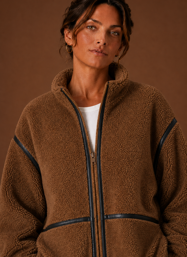 Women's Sherpa Fleece Zip-Up Jacket | Isabella in Brown - Juana Fashion