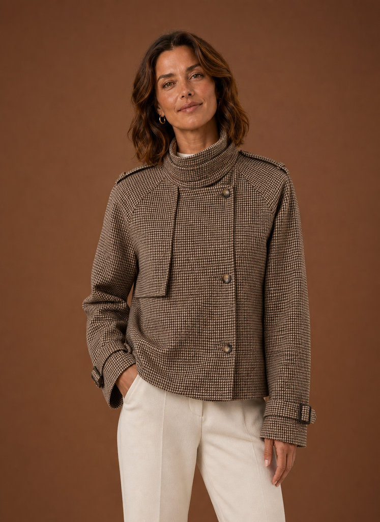 Women's Cropped High-Collar Jacket | Chiara in Brown - Juana Fashion
