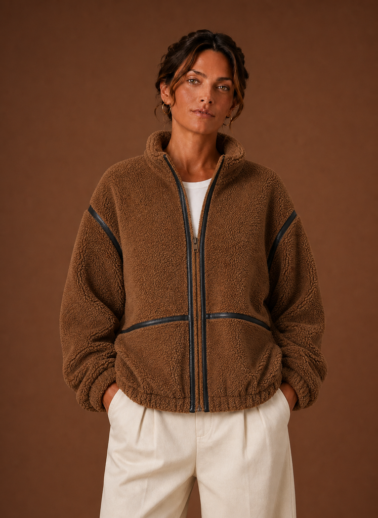 Women's Sherpa Fleece Zip-Up Jacket | Isabella in Black - Juana Fashion