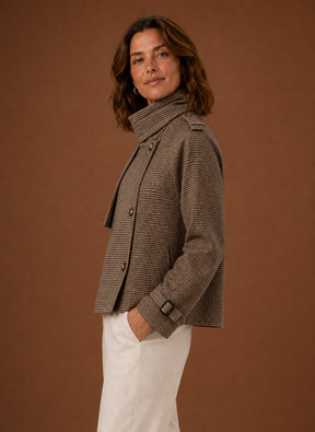 Women's Cropped High-Collar Jacket | Chiara in Brown - Juana Fashion