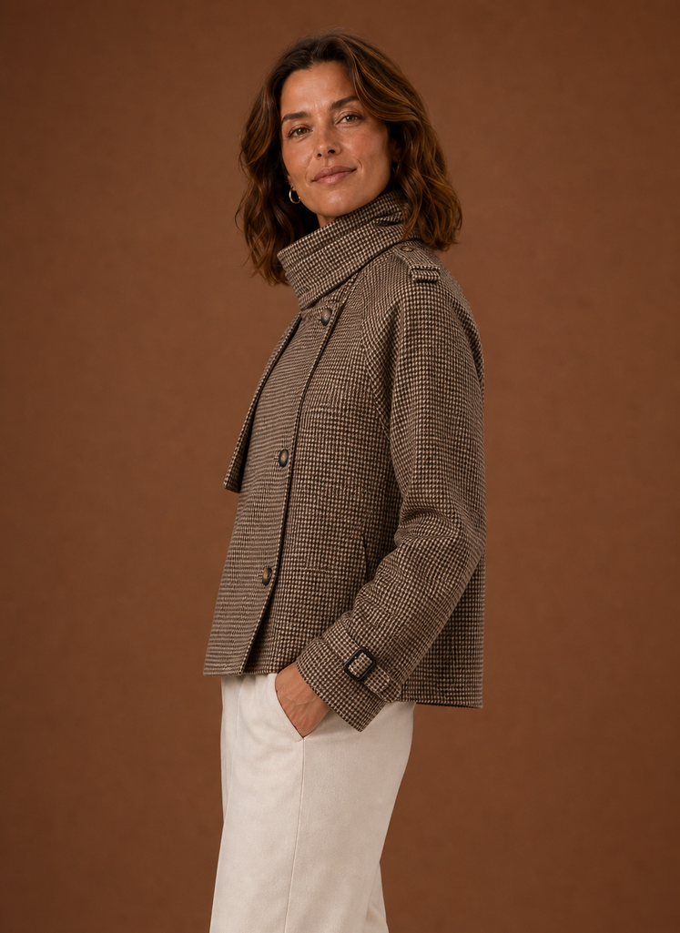 Women's Cropped High-Collar Jacket | Chiara in Brown - Juana Fashion