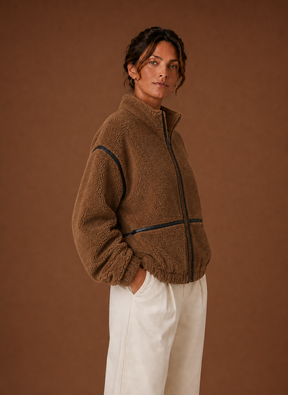 Women's Sherpa Fleece Zip-Up Jacket | Isabella in Brown - Juana Fashion