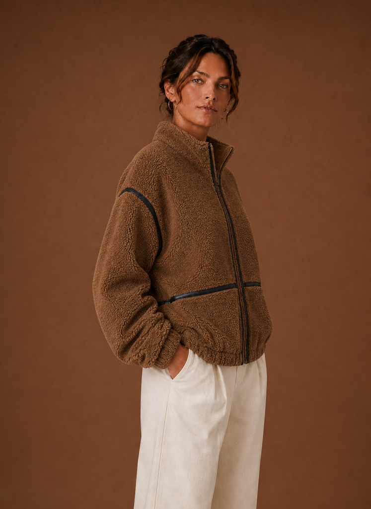 Women's Sherpa Fleece Zip-Up Jacket | Isabella in Brown - Juana Fashion
