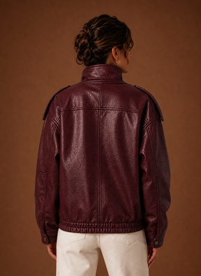 Women's Relaxed High-Collar Jacket | Adela in Burgundy - Juana Fashion