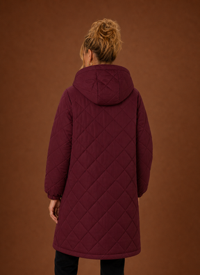 Women's Long Hooded Quilted Winter Coat | Lucia in Burgundy - Juana Fashion