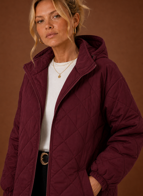 Women's Long Hooded Quilted Winter Coat | Lucia in Burgundy - Juana Fashion