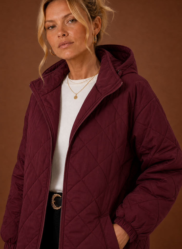 Women's Long Hooded Quilted Winter Coat | Lucia in Burgundy - Juana Fashion