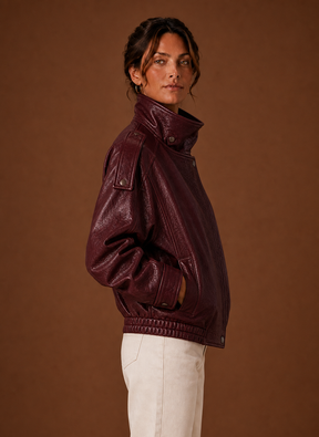 Women's Relaxed High-Collar Jacket | Adela in Burgundy - Juana Fashion
