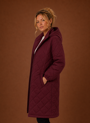 Women's Long Hooded Quilted Winter Coat | Lucia in Burgundy - Juana Fashion