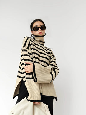 Women's Wool Oversized Striped Turtleneck Sweater — View 9