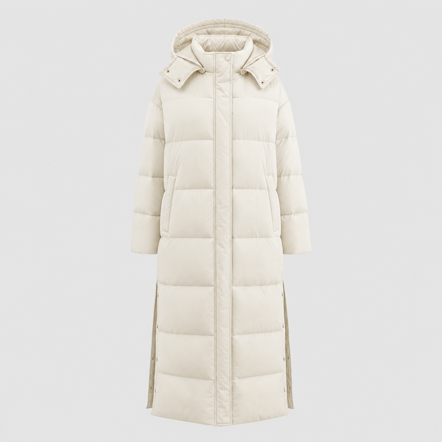 Women's Long Hooded Quilted Coat | Camberley in Beige - Juana Fashion