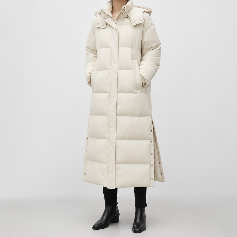 Women's Long Hooded Quilted Coat | Camberley in Beige - Juana Fashion