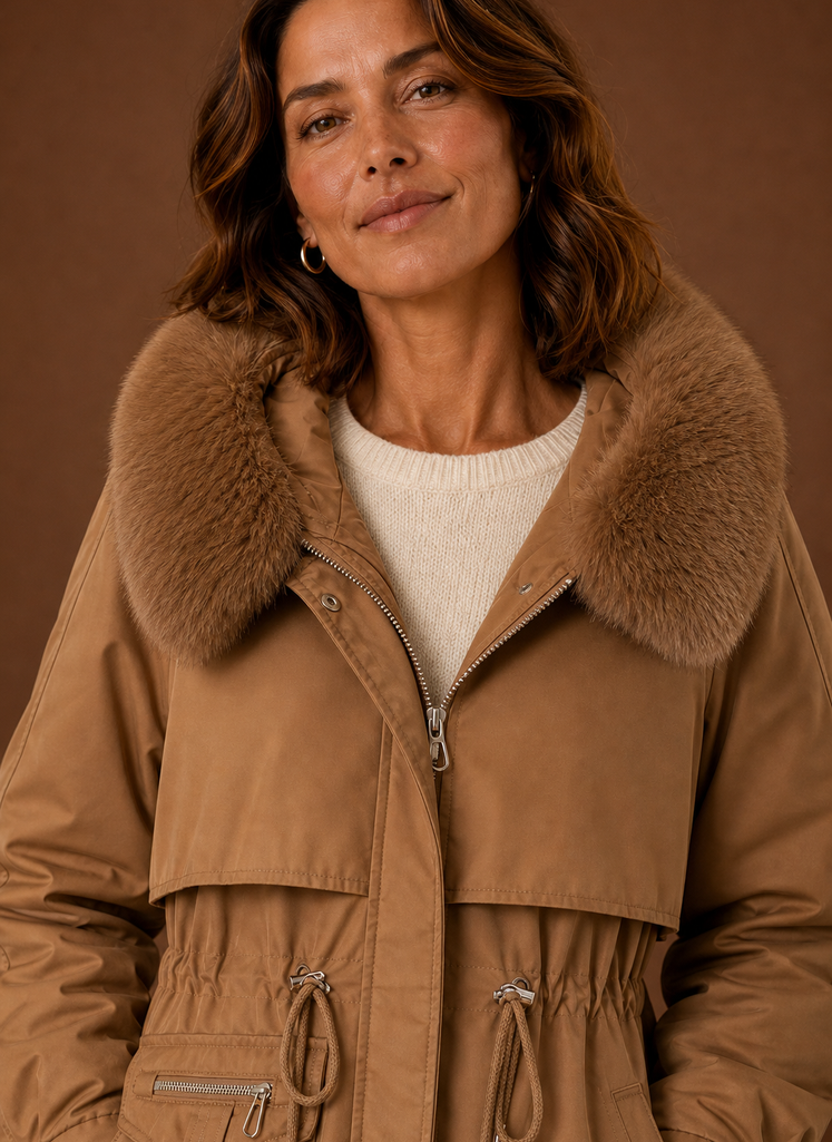 Women's Parka with Faux Fur-Trimmed Hood | Aurora in Beige - Juana Fashion