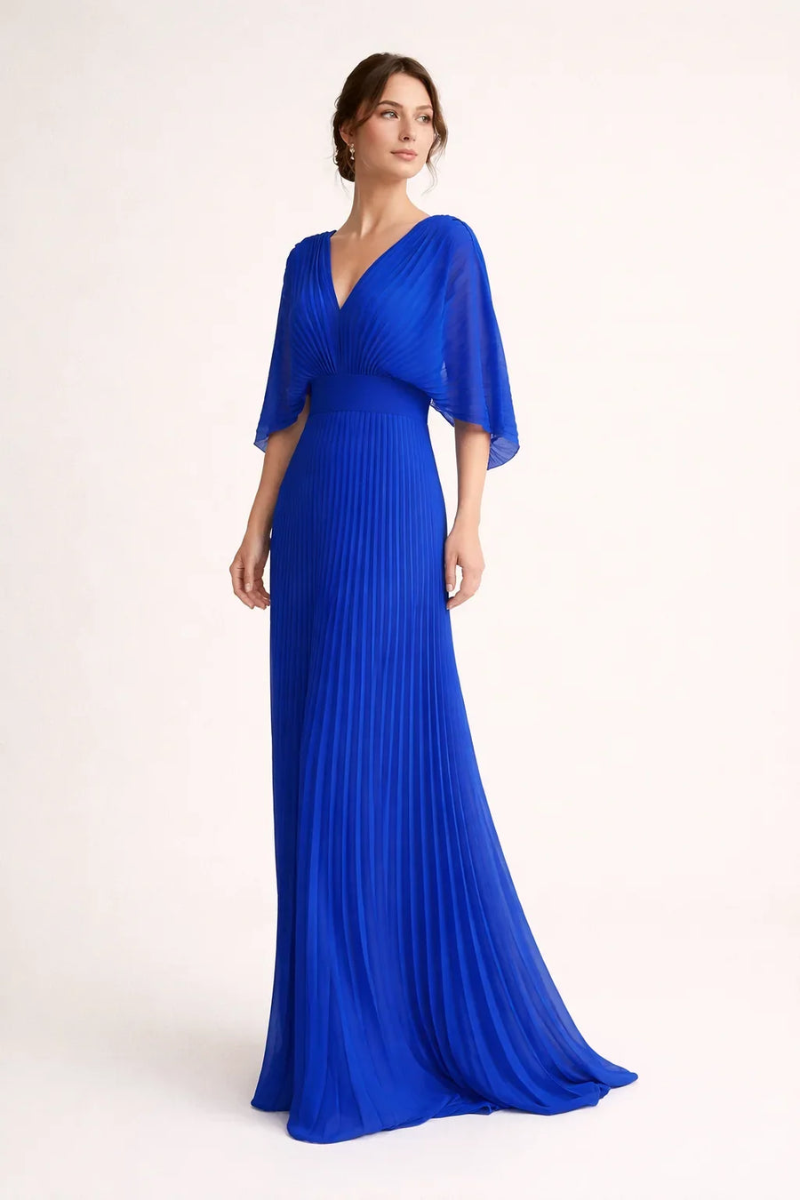 Women's V-Neck Pleated Maxi Wedding Guest Dress | Carol in Blue