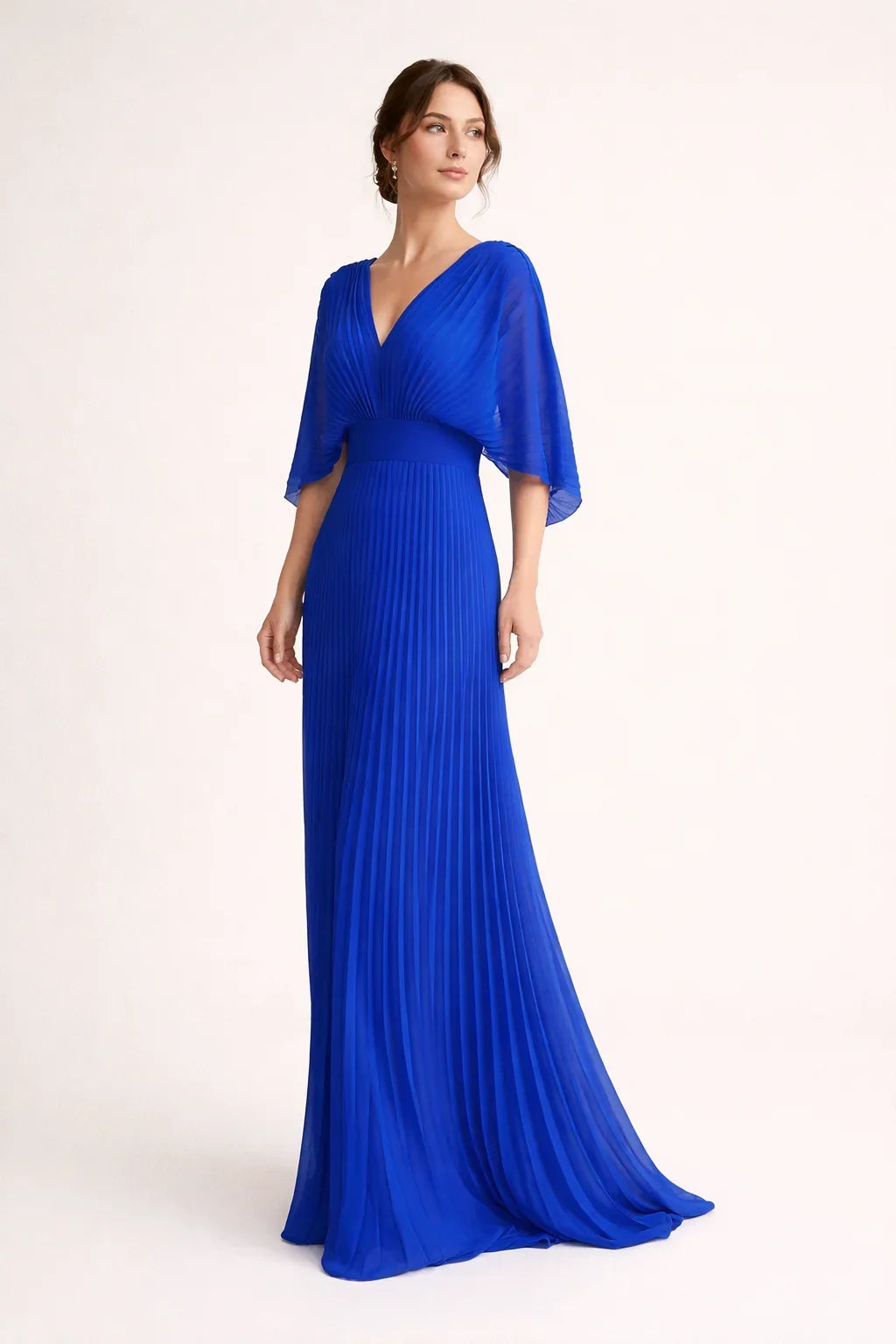 Women's V-Neck Pleated Maxi Wedding Guest Dress | Carol in Blue
