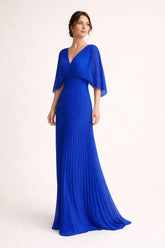 Women's V-Neck Pleated Maxi Wedding Guest Dress | Carol in Blue